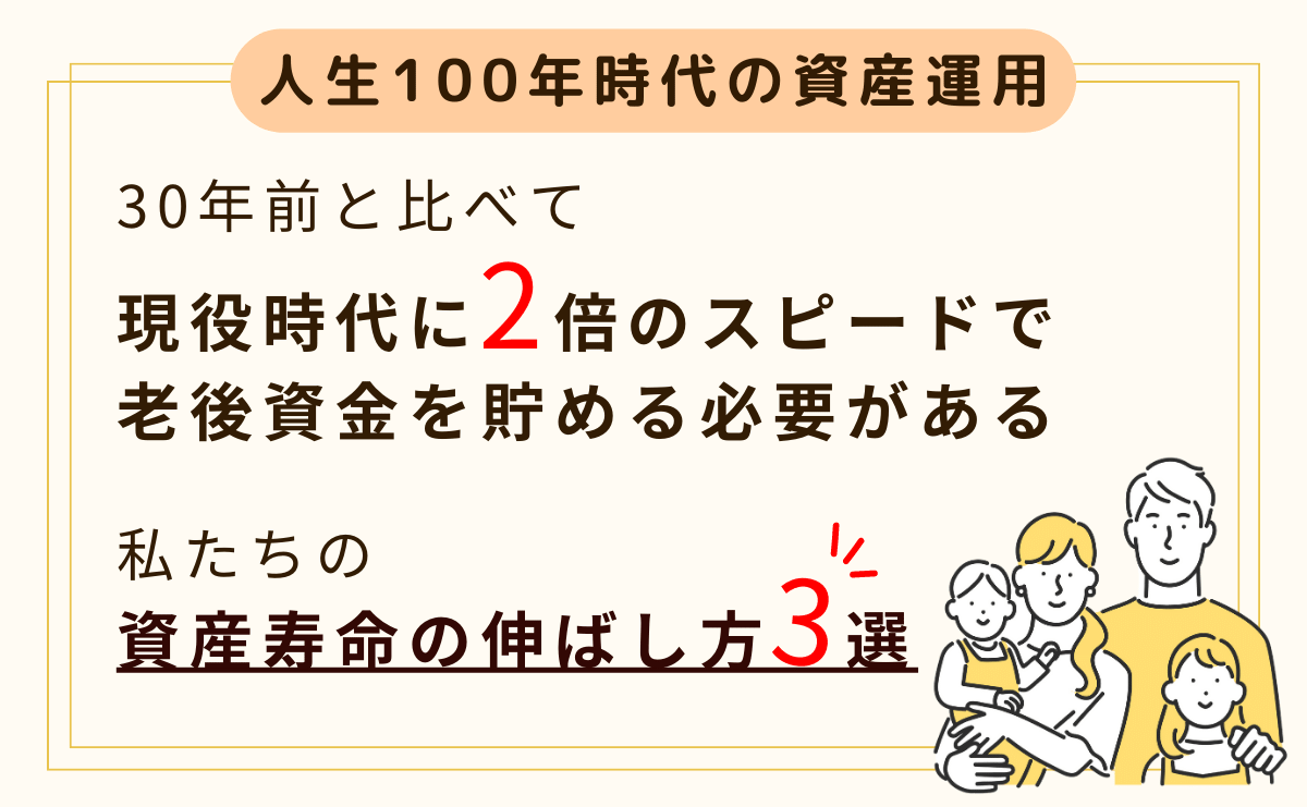 【人生100年時代の資産運用】30年前と比べ、2倍のスピードで老後資金を貯める必要がある私たちの資産寿命の伸ばし方3選